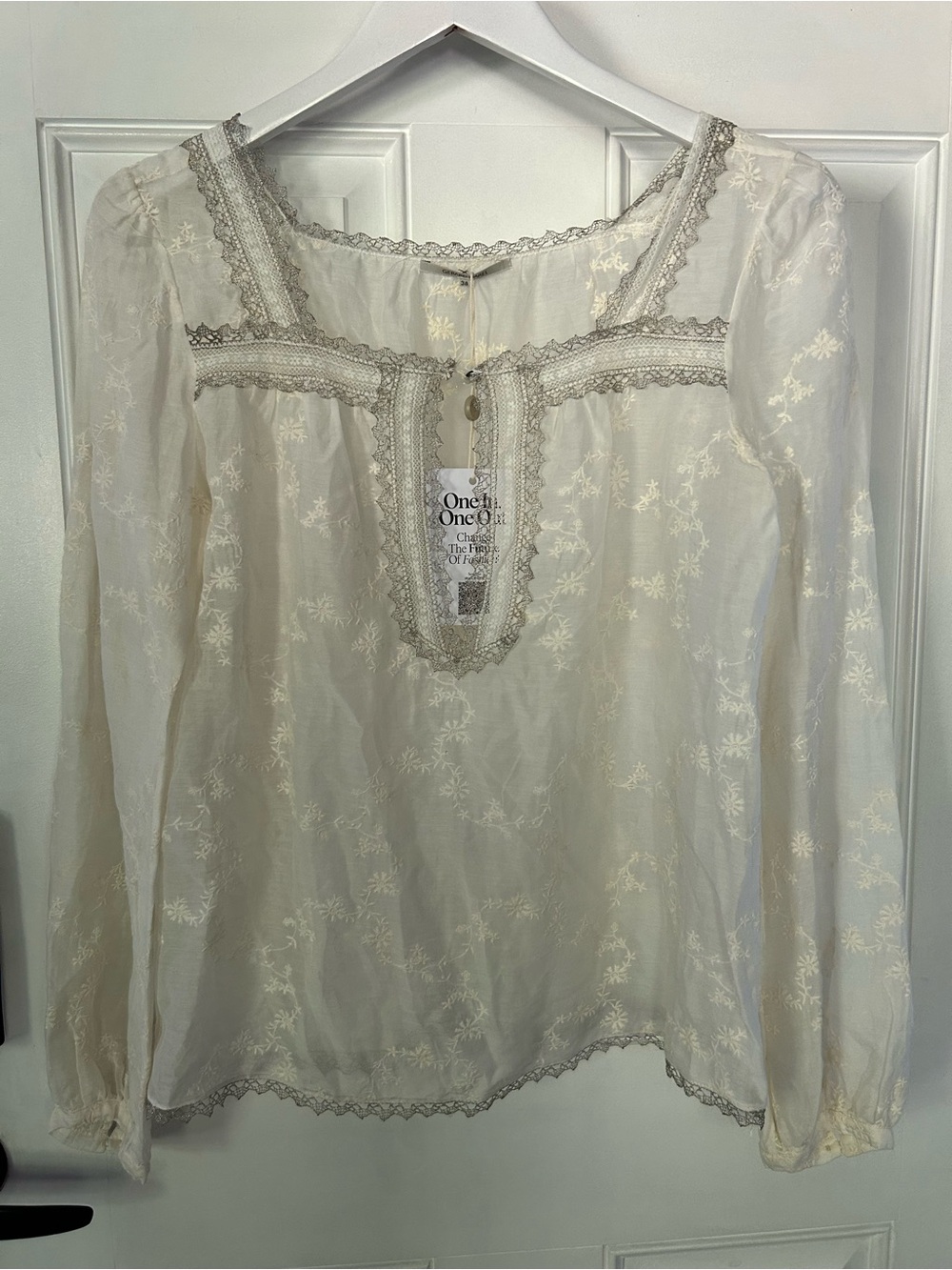 Gerard Darel Cream Sheer Embroidered Lace-Trim Blouse